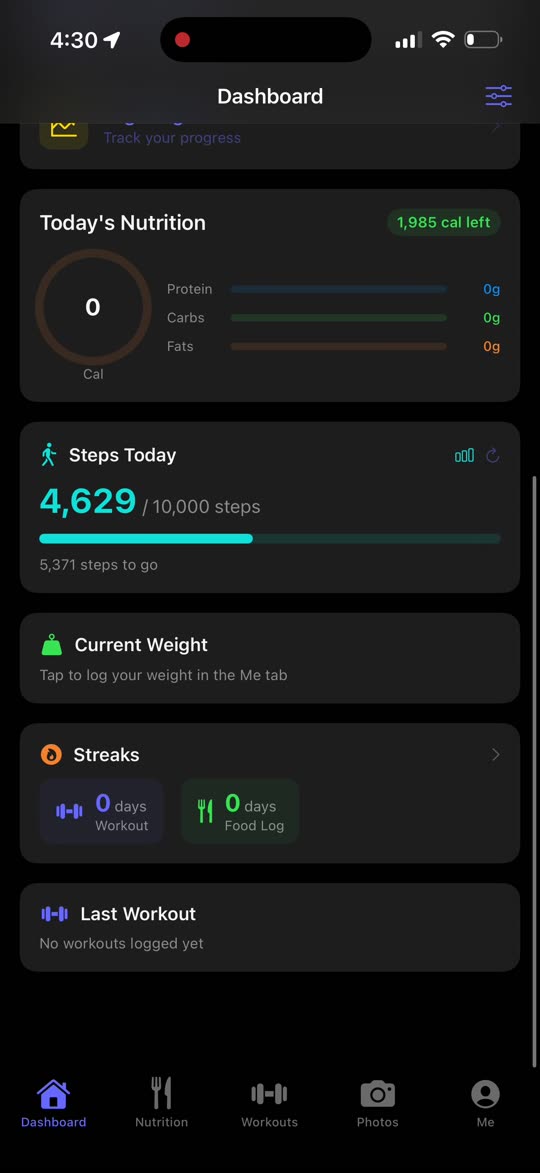 Forgd dashboard showing today's nutrition, steps, weight, and streaks