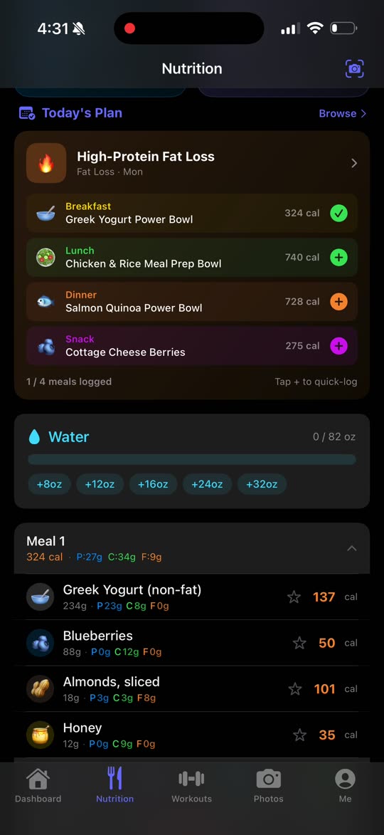 Forgd nutrition view with today's meal plan and water tracker