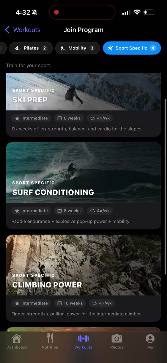 Forgd workout library, Sport Specific filter selected